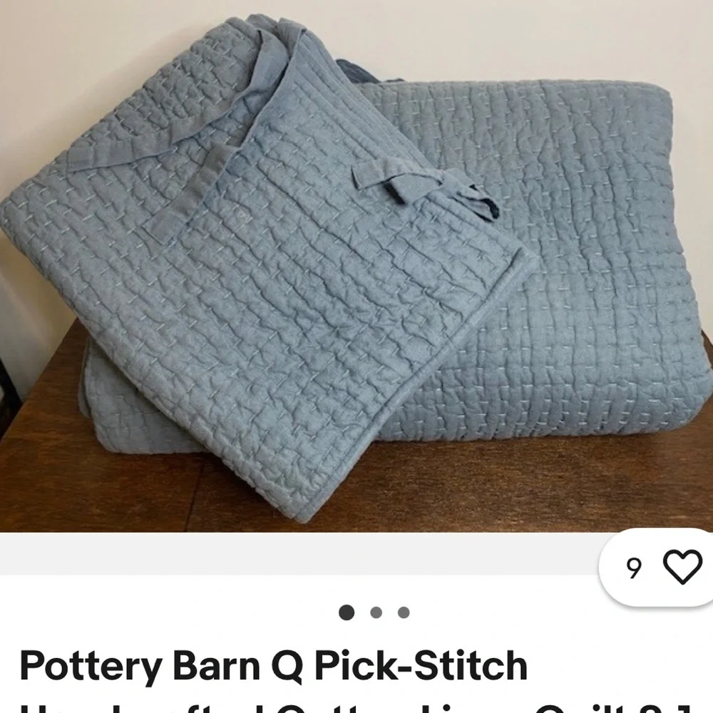Pottery Barn Pick-Stitch Blue Pillow Case Sham Quilted Cotton Linen Large Hanna